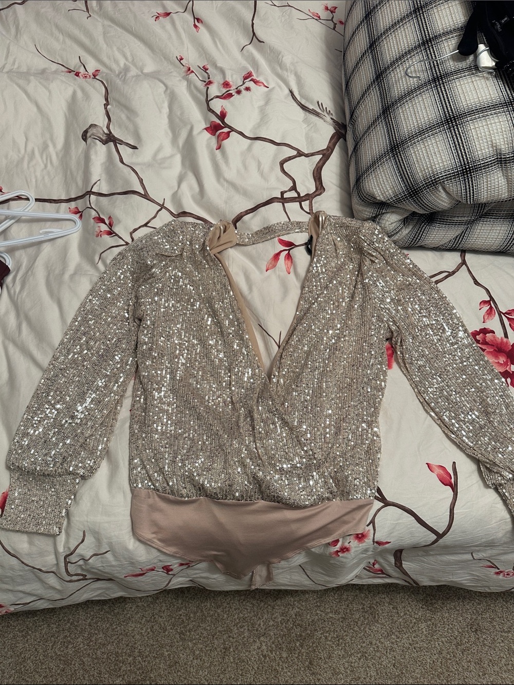Dynamite Champagne Sequin Long-Sleeve Bodysuit